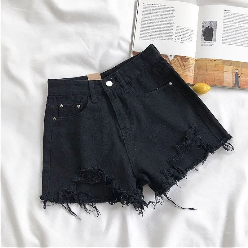 Nora Dame Denim Shorts – Høj Talje Revne Shorts Frynse Y2K Streetwear Stil