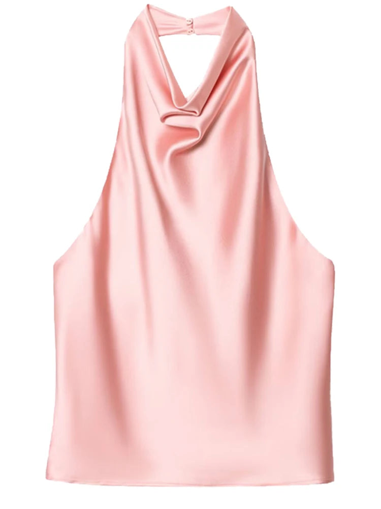 Satin Halterneck Top med Korsetdetalje – Åben Ryg Sommerbluse