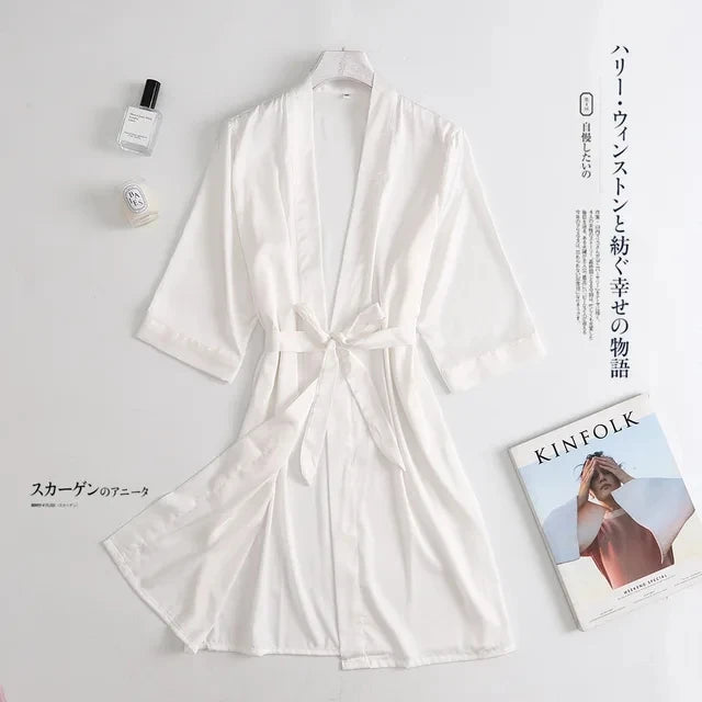Hvid Kimono Morgenkåbe Dame | Silke Satin Bryllup Badekåbe