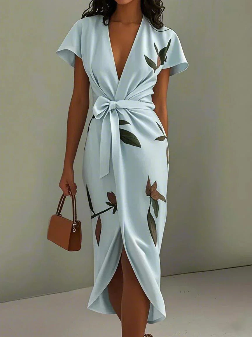 Elegant Botanisk Wrap Midi Kjole