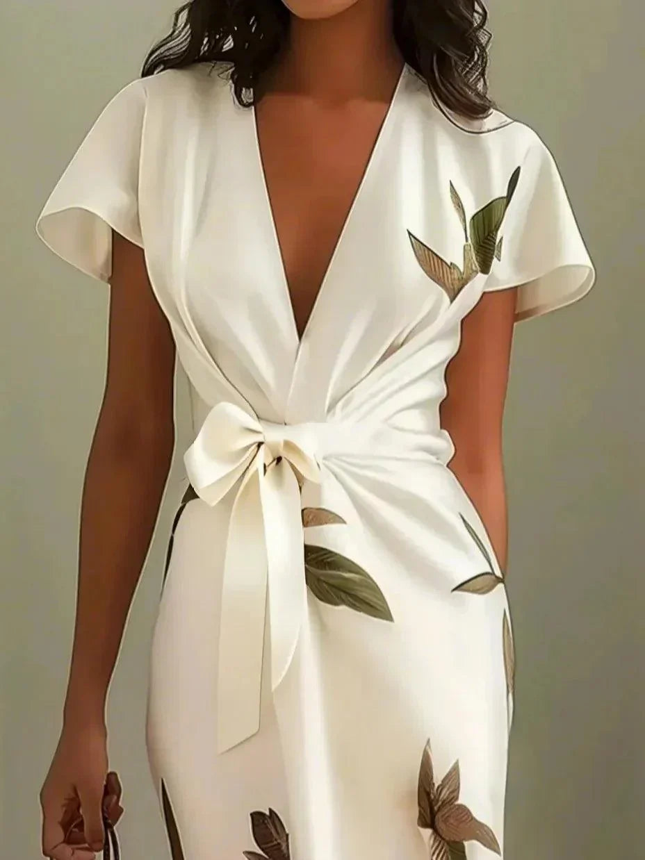 Elegant Botanisk Wrap Midi Kjole