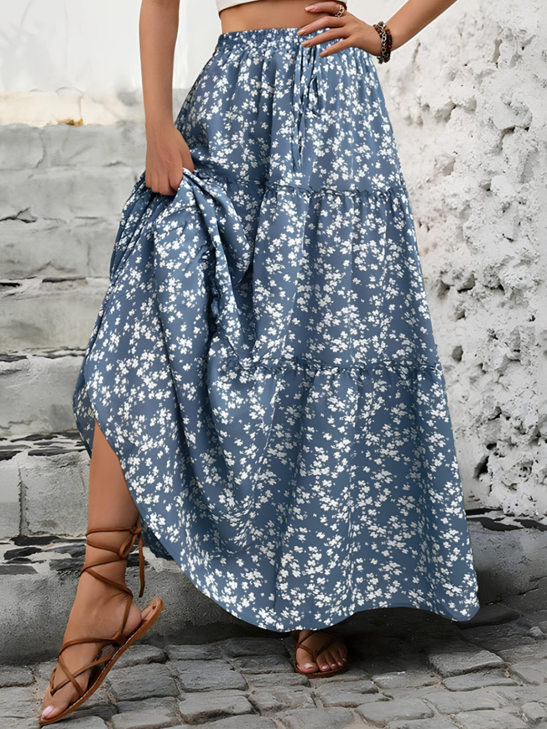 Lagdelt Blomstret Nederdel – Maxi Skørt med Flonel Print