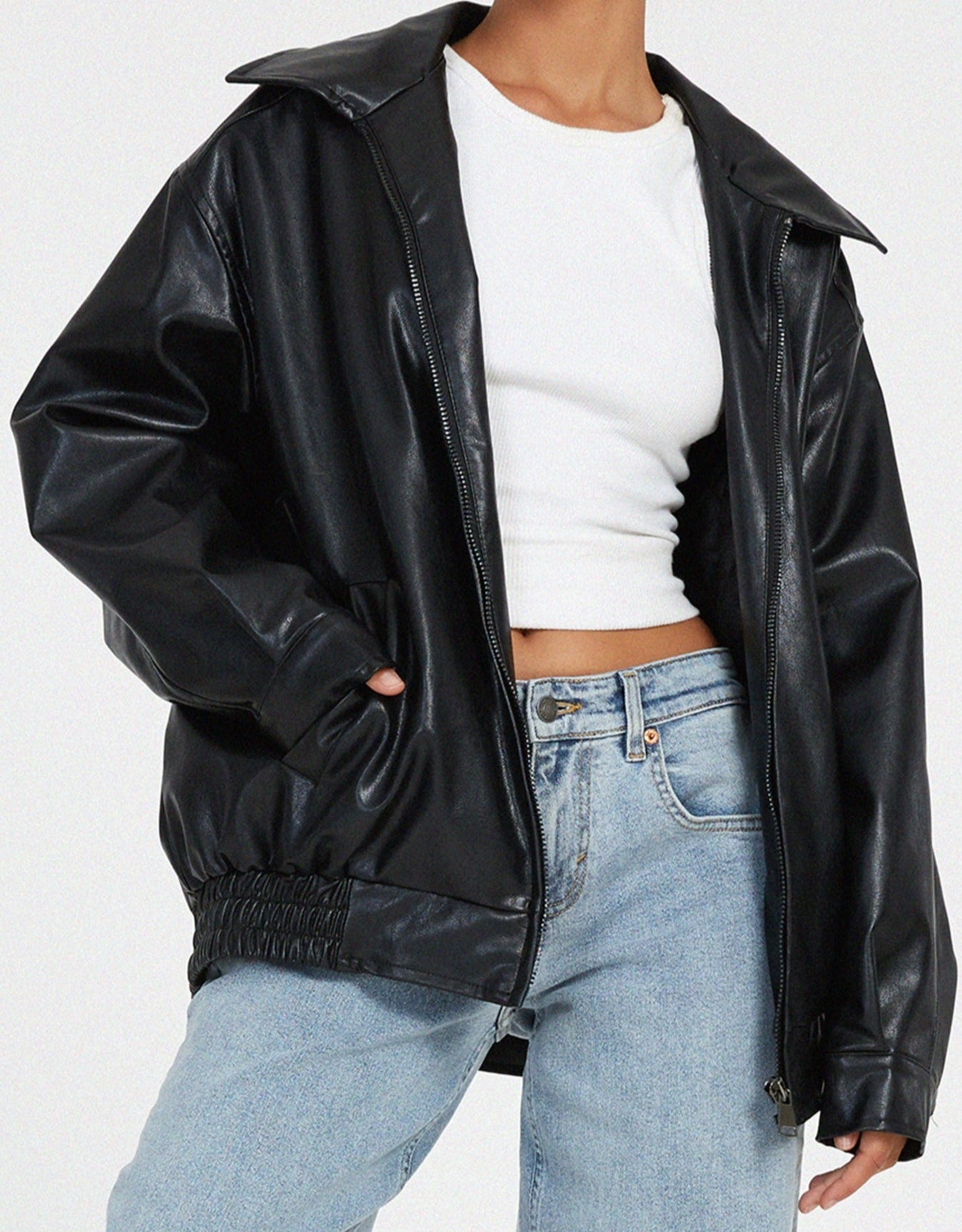 Sophia Oversized Imiteret Læderjakke – Trendy PU Kunstlæder til Damer