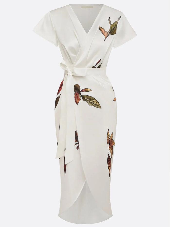Elegant Botanisk Wrap Midi Kjole