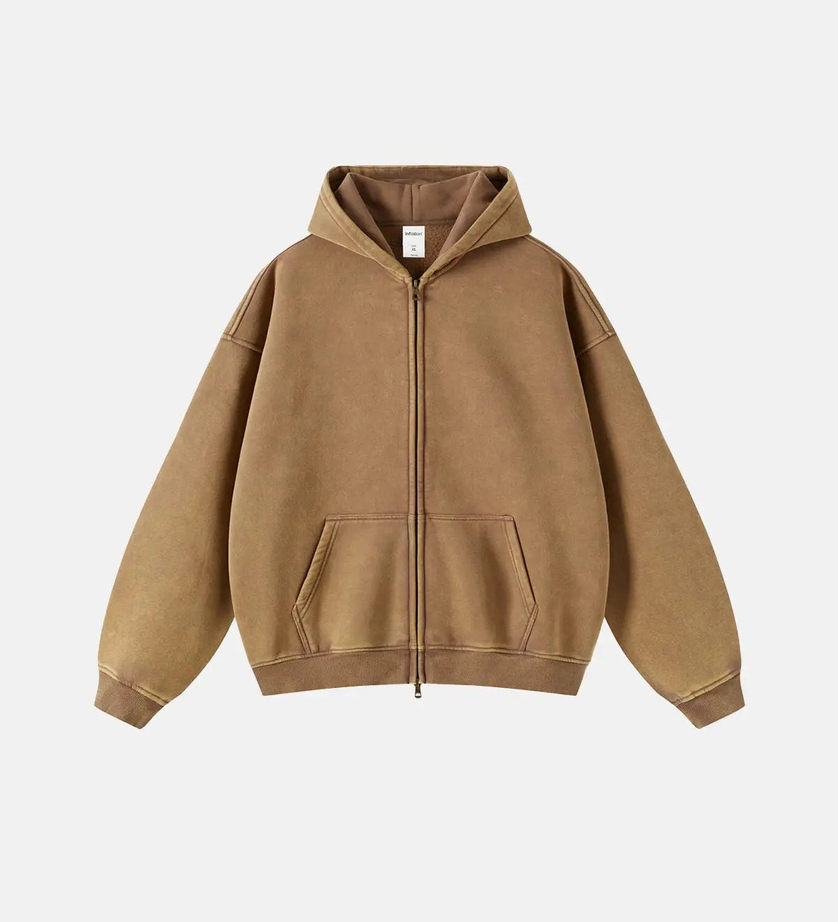 Unisex hættetrøje med lynlås, hætte, kængurulomme og vasket look