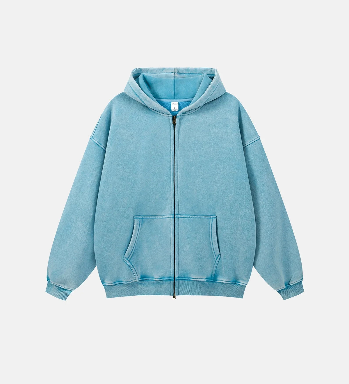 Unisex hættetrøje med lynlås, hætte, kængurulomme og vasket look