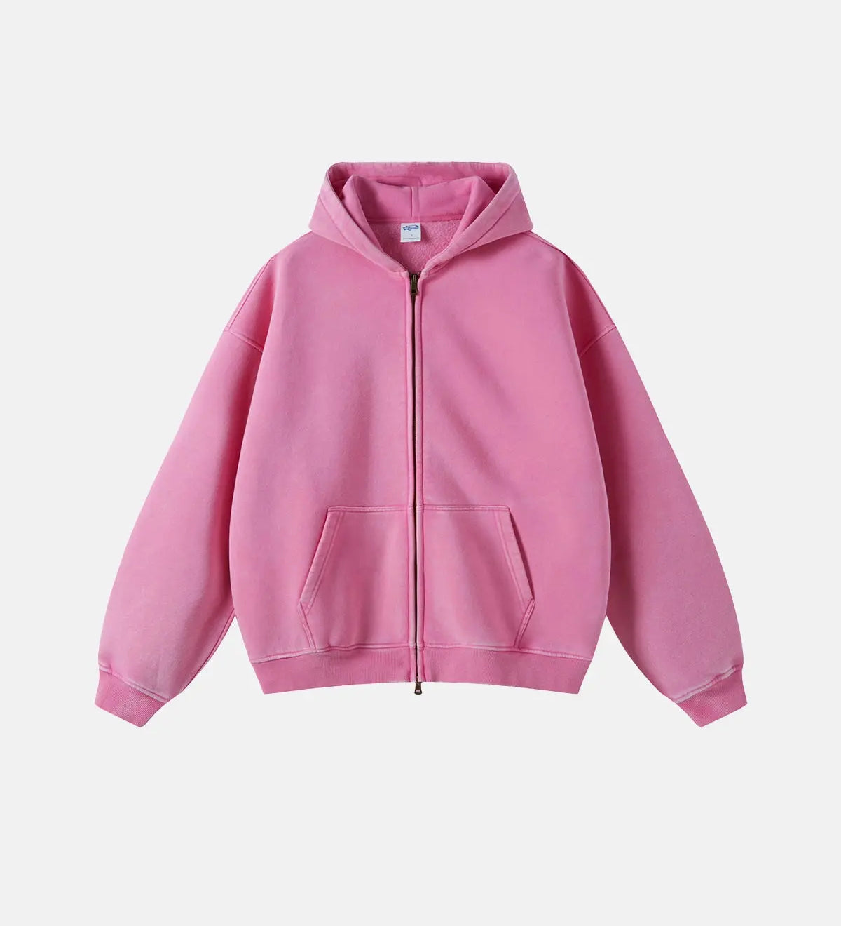 Unisex hættetrøje med lynlås, hætte, kængurulomme og vasket look