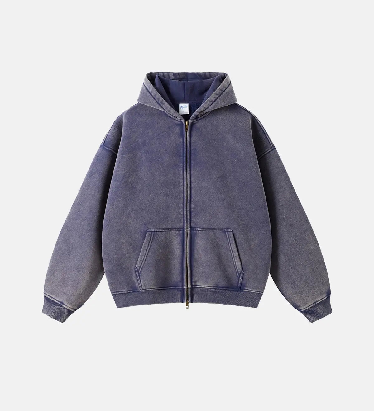 Unisex hættetrøje med lynlås, hætte, kængurulomme og vasket look