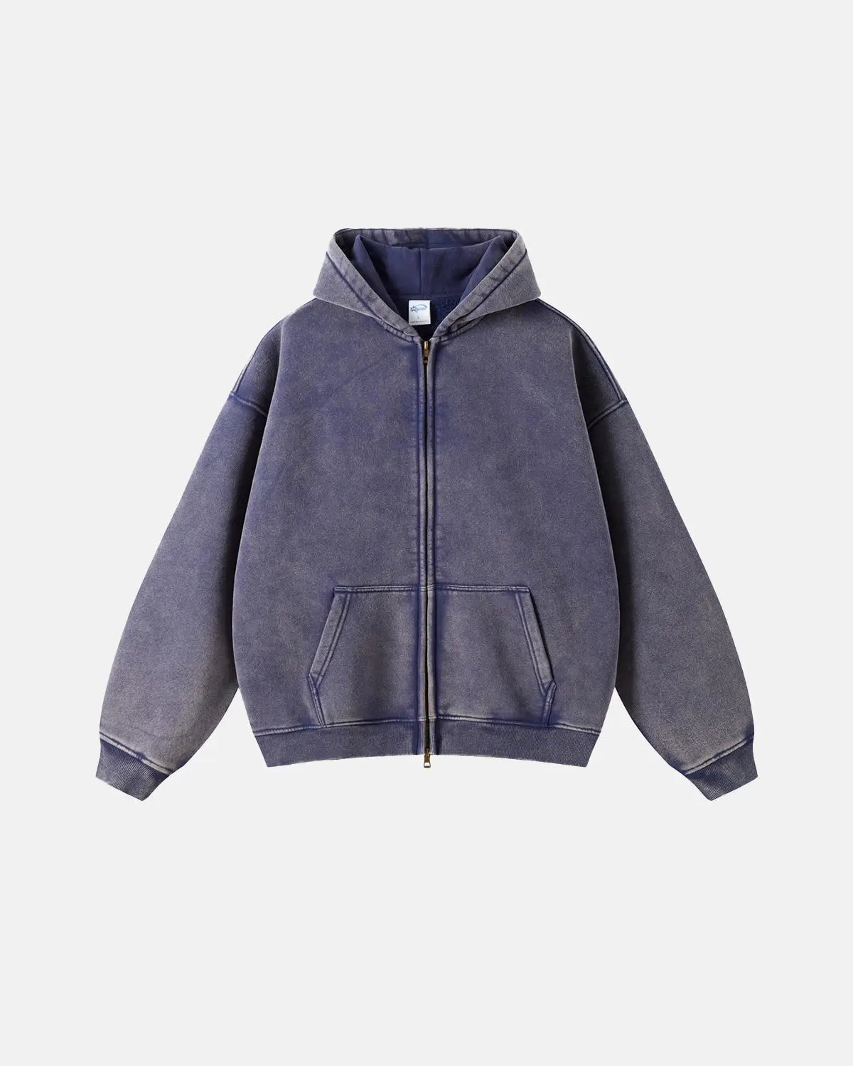 Unisex hættetrøje med lynlås, hætte, kængurulomme og vasket look