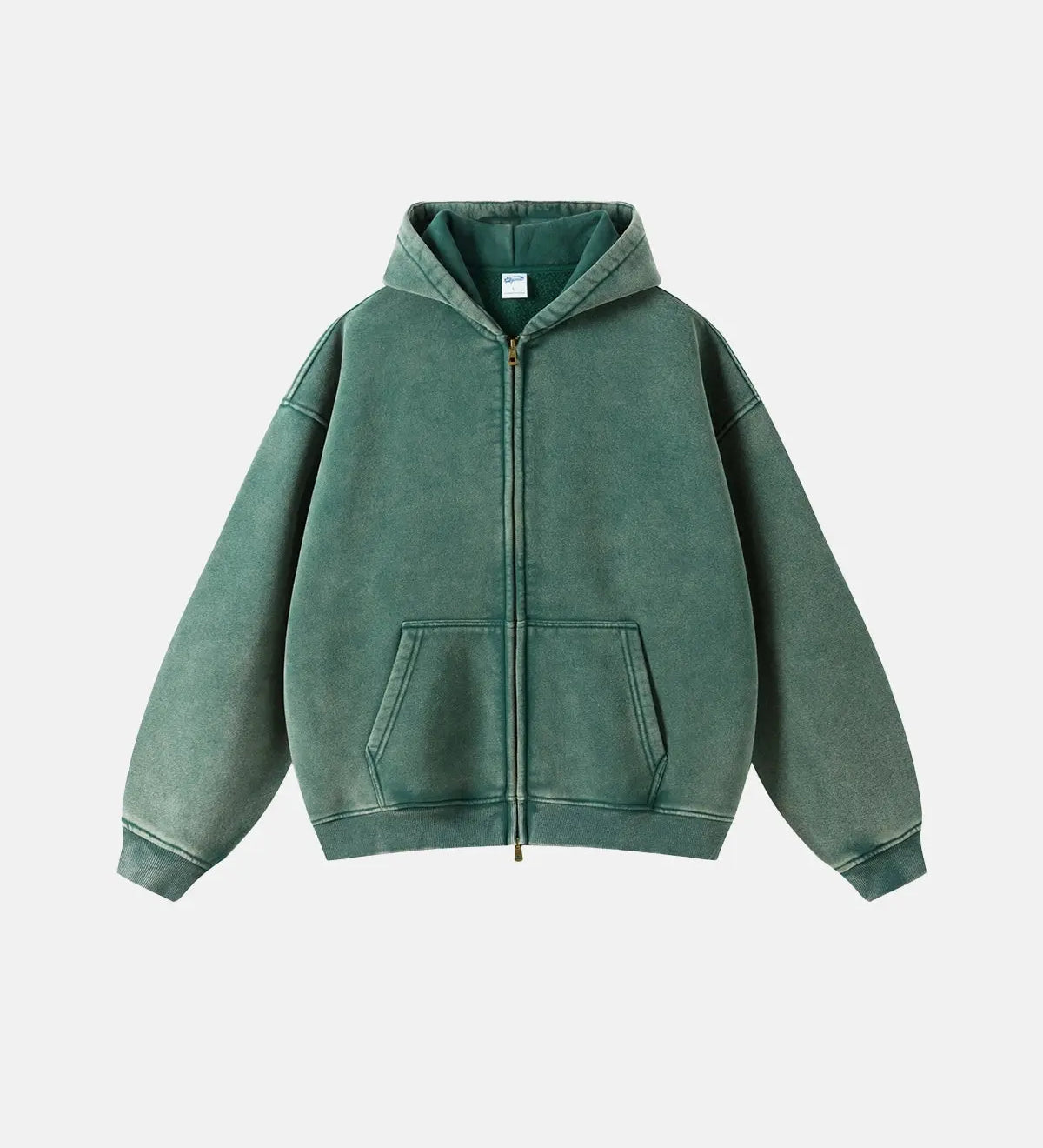 Unisex hættetrøje med lynlås, hætte, kængurulomme og vasket look