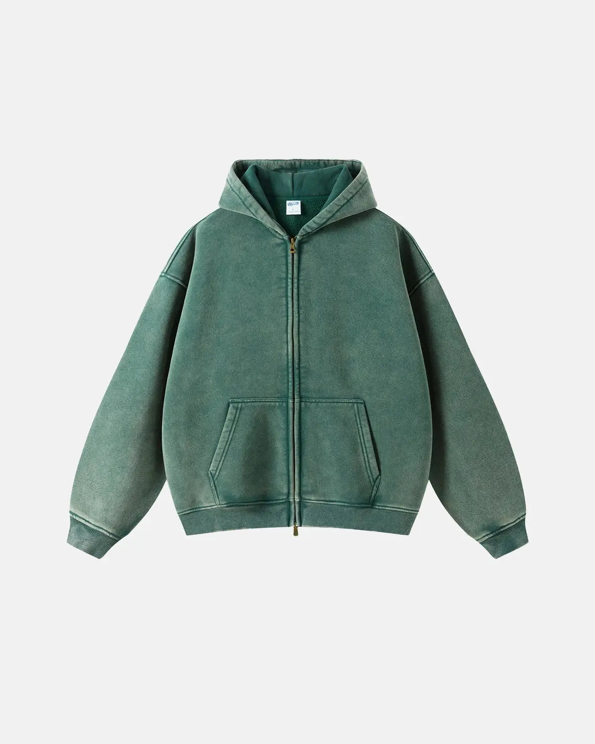 Unisex hættetrøje med lynlås, hætte, kængurulomme og vasket look