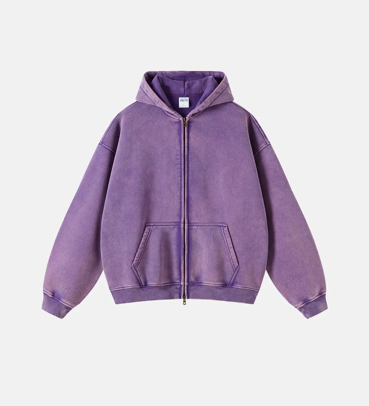 Unisex hættetrøje med lynlås, hætte, kængurulomme og vasket look