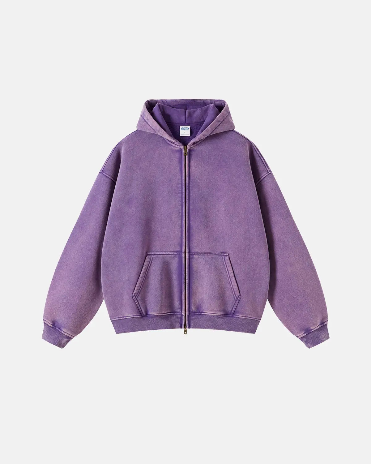 Unisex hættetrøje med lynlås, hætte, kængurulomme og vasket look