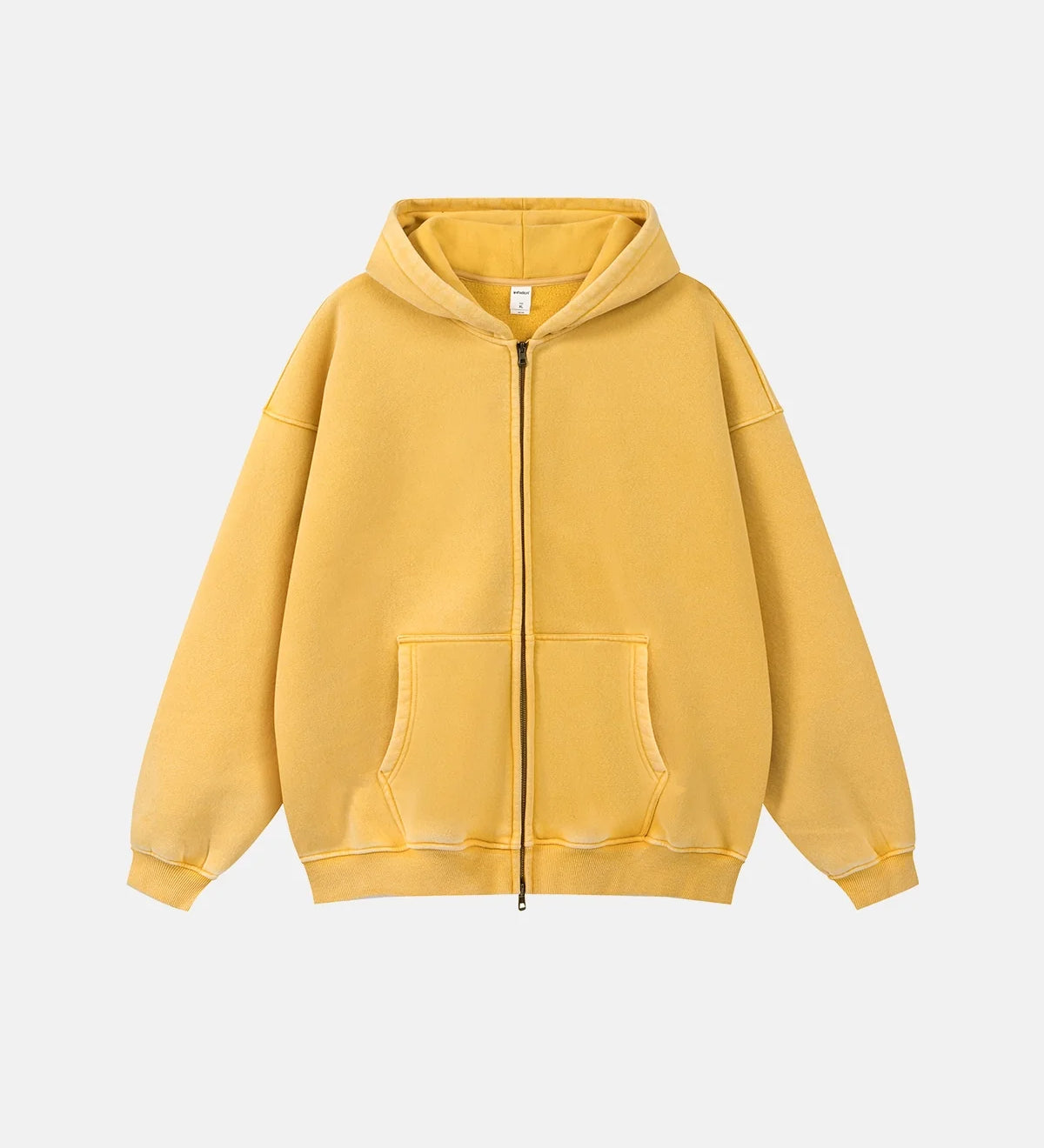 Unisex hættetrøje med lynlås, hætte, kængurulomme og vasket look