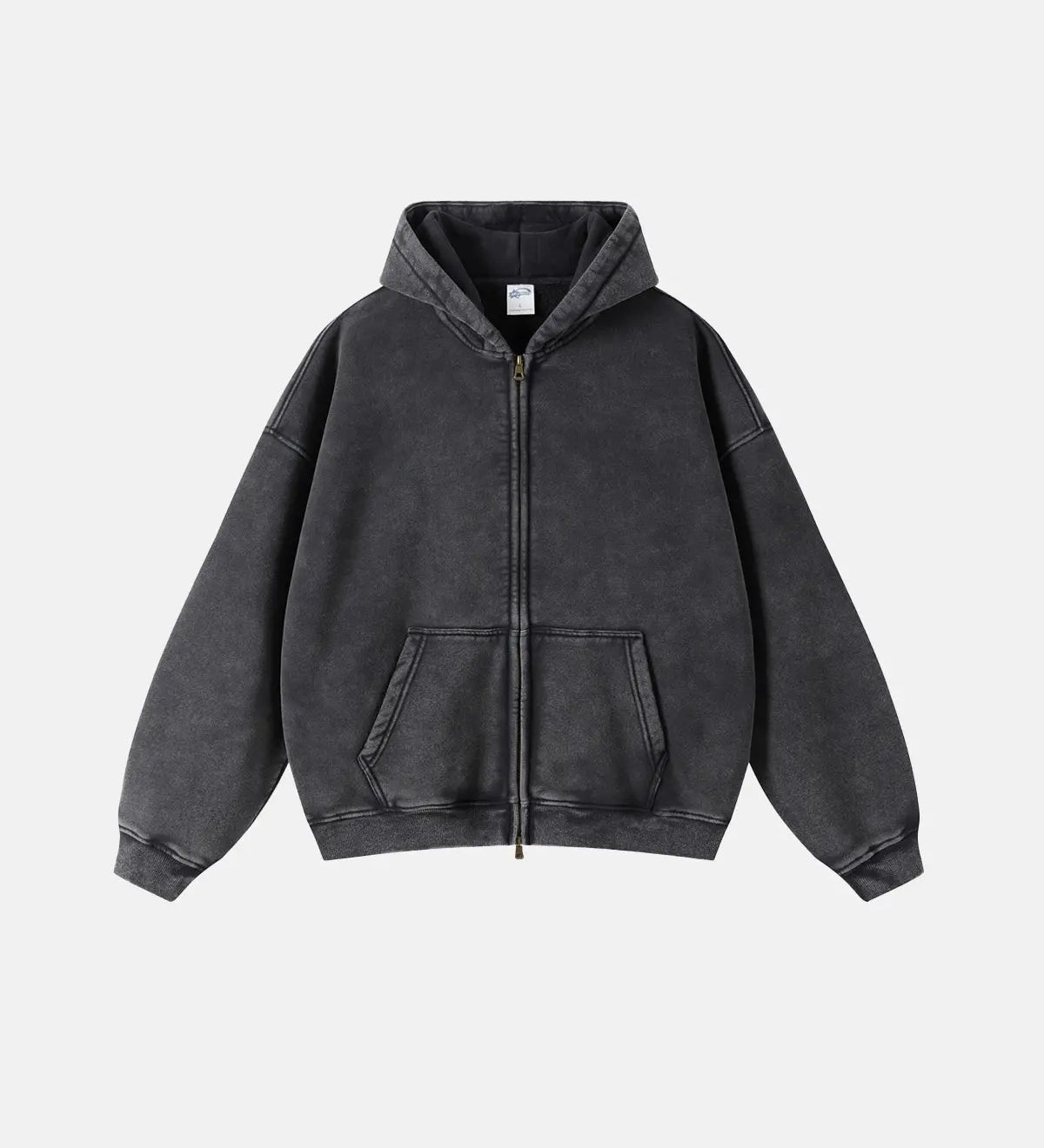 Unisex hættetrøje med lynlås, hætte, kængurulomme og vasket look