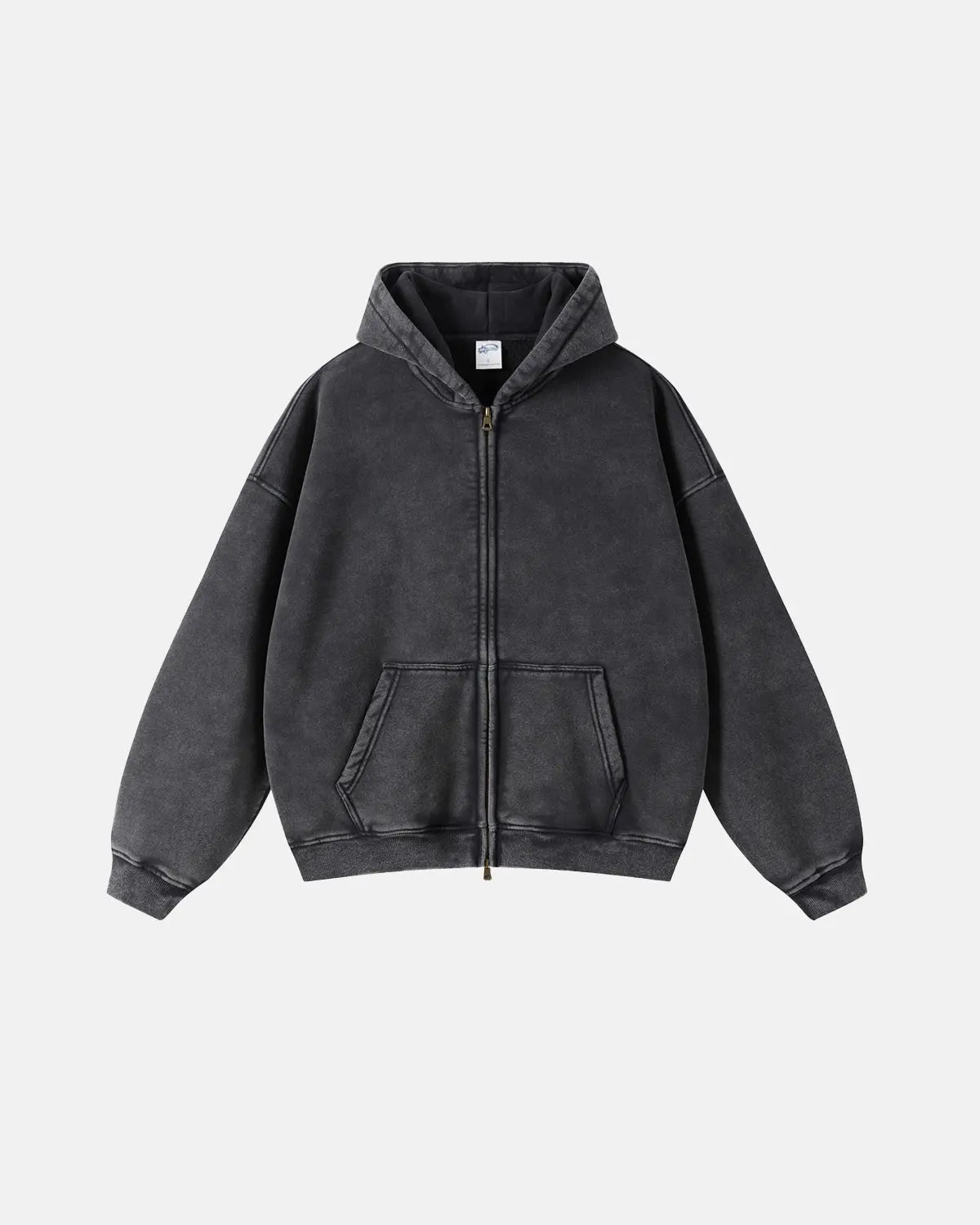 Unisex hættetrøje med lynlås, hætte, kængurulomme og vasket look