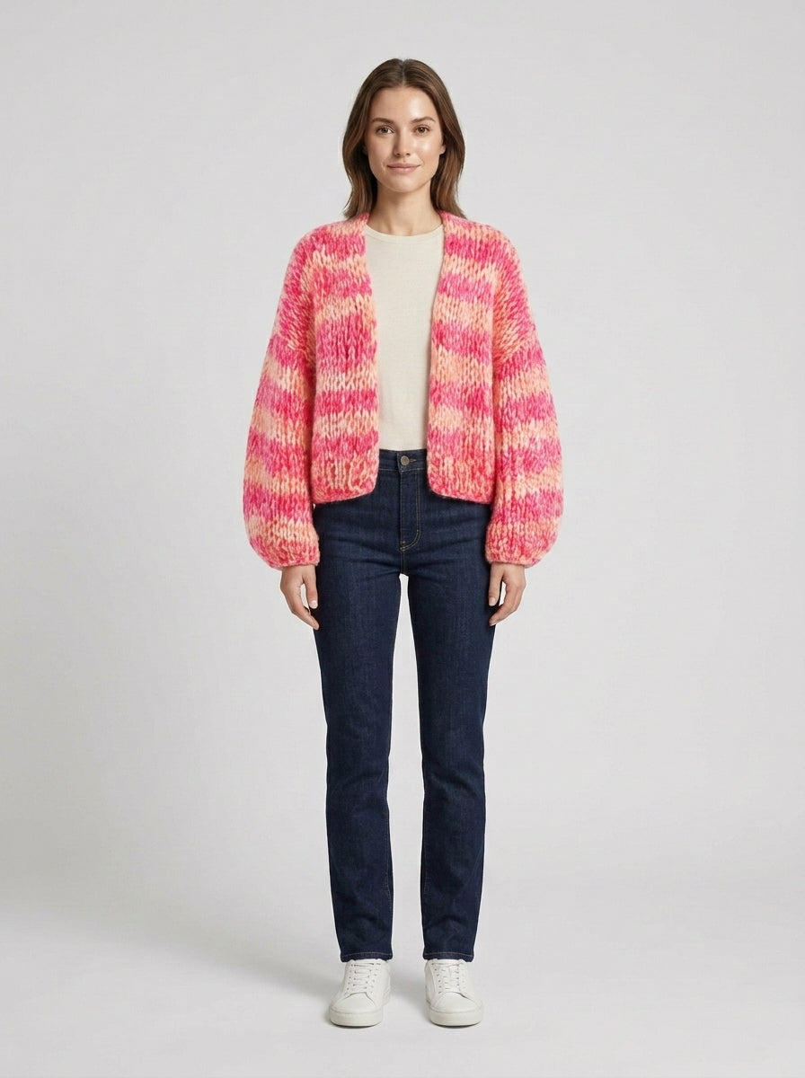 Damecardigan med pink og lyse beige striber, åben front og lange ærmer