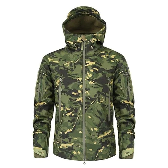 Herreparka med hætte, lynlås og camouflagemønster