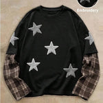 T-shirt med rund hals og lange ternede patchworkærmer