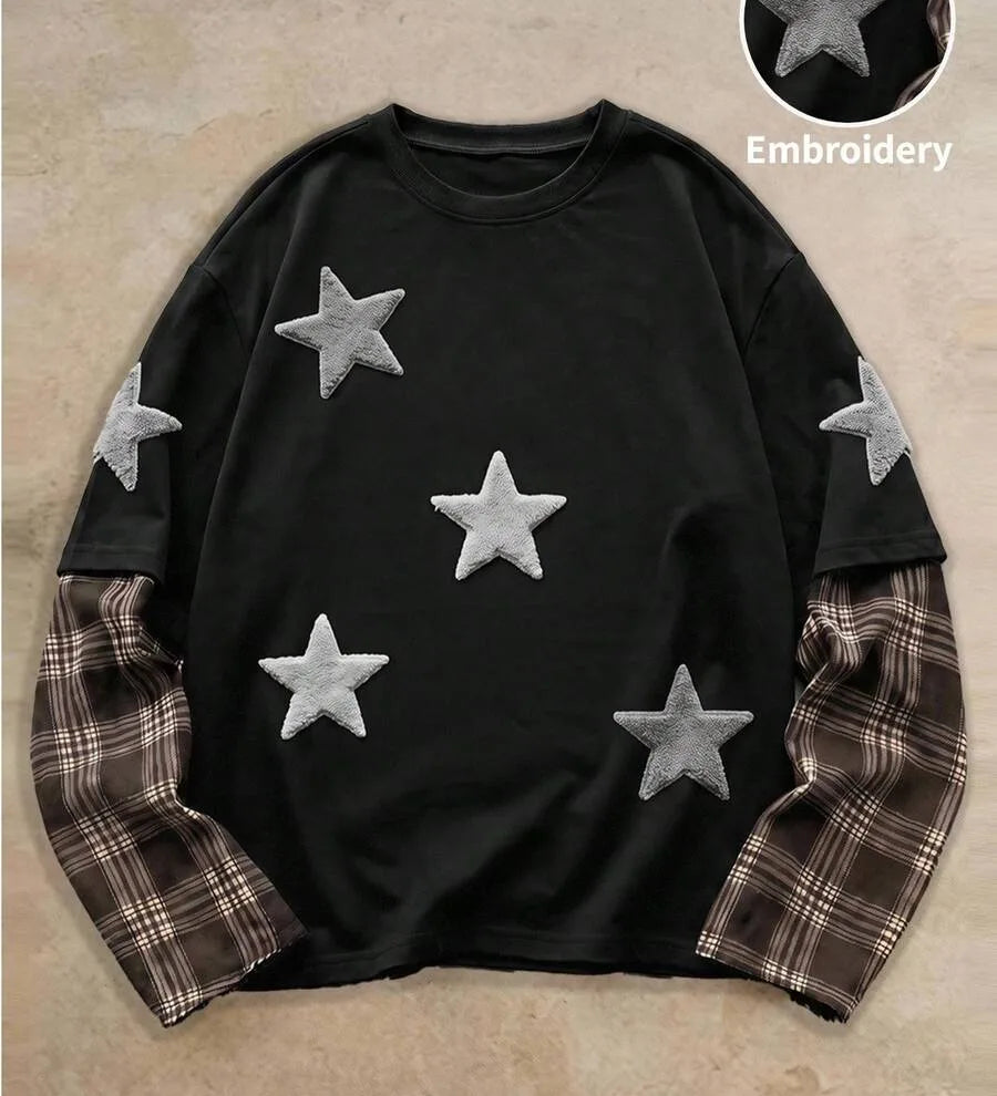 T-shirt med rund hals og lange ternede patchworkærmer