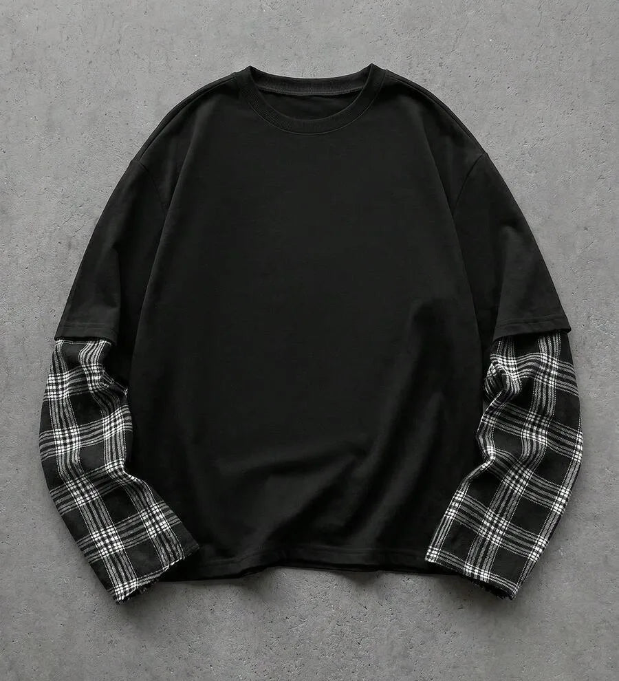 T-shirt med rund hals og lange ternede patchworkærmer