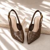 Dame slingback hæle med spids tå, præget krokodillemønster og spænde