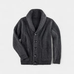Herre cardigan med ribstruktur, høj krave, knapper og to forlommer
