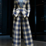 Pantalon femme à jambes larges et carreaux bleus, longueur cheville