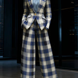 Pantalon femme à jambes larges et carreaux bleus, longueur cheville