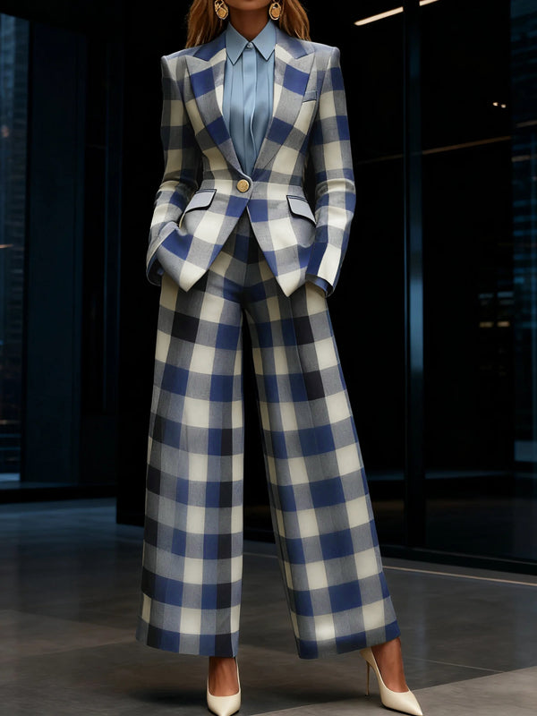 Pantalon femme à jambes larges et carreaux bleus, longueur cheville