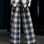 Pantalon femme à jambes larges et carreaux bleus, longueur cheville