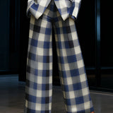 Pantalon femme à jambes larges et carreaux bleus, longueur cheville