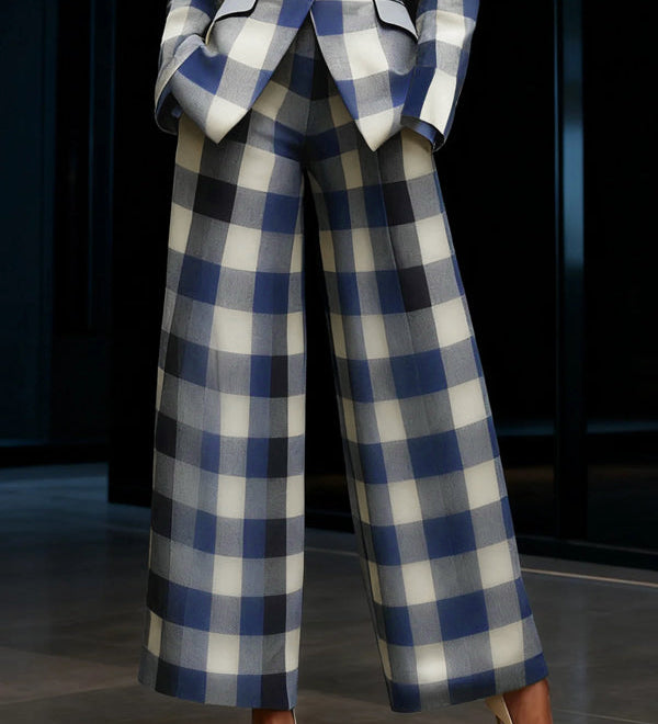 Pantalon femme à jambes larges et carreaux bleus, longueur cheville