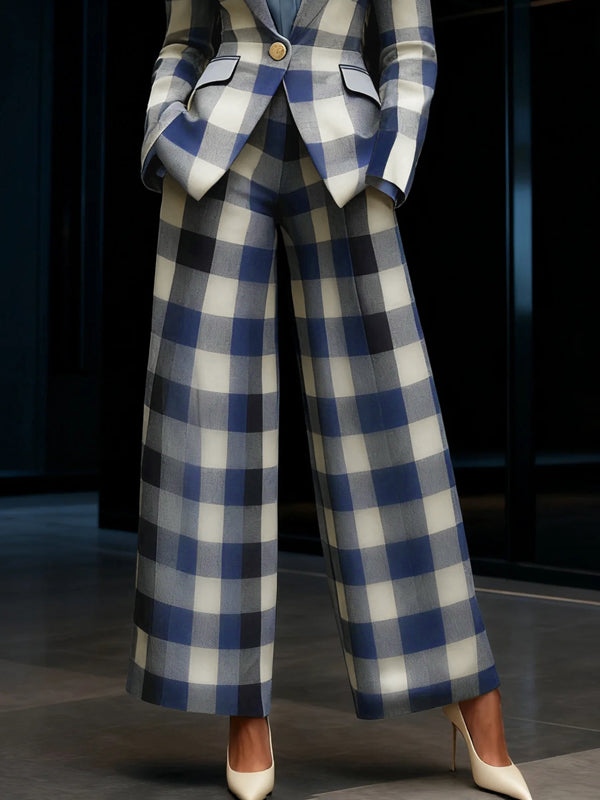 Pantalon femme à jambes larges et carreaux bleus, longueur cheville