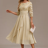 Kvinders Kjole | Midi Chiffon Nederdel med Blomsterlacedetalje