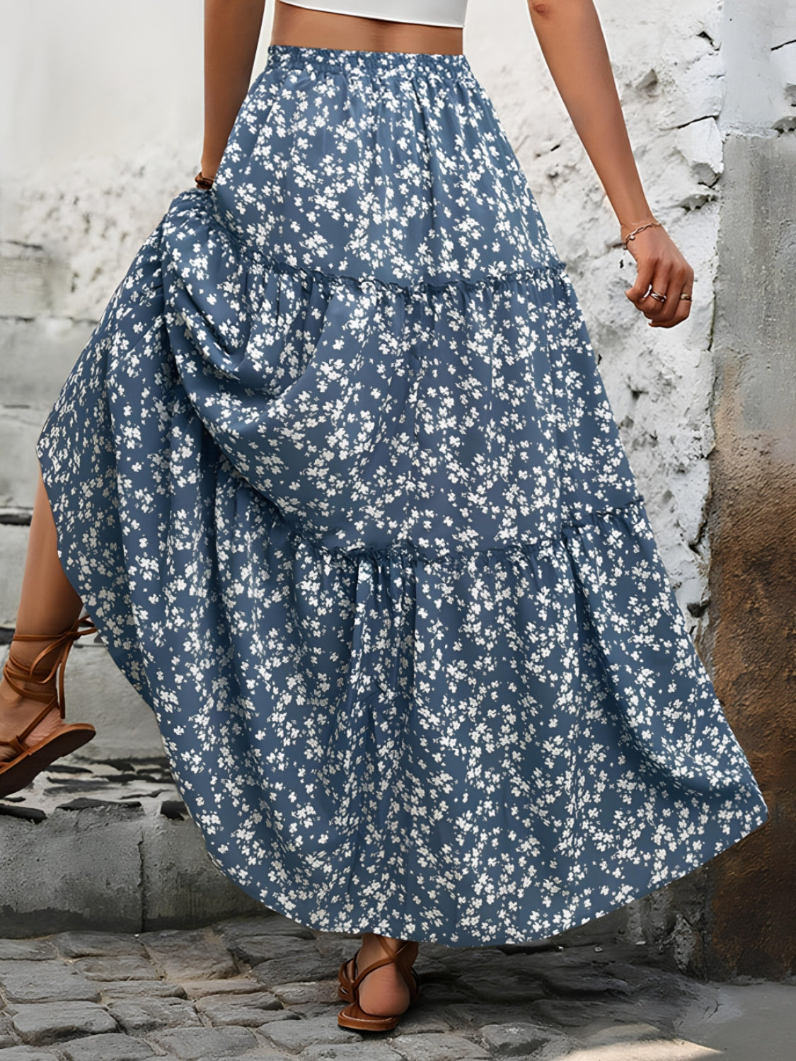 Lagdelt Blomstret Nederdel – Maxi Skørt med Flonel Print