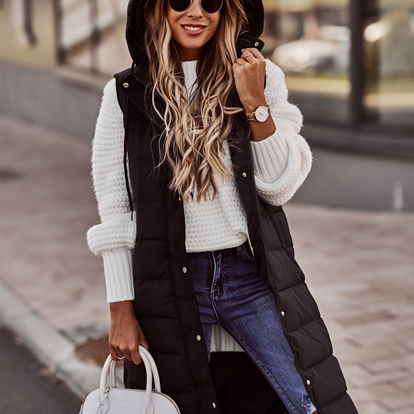 Lang vatteret damevest med hætte og trykknapper
