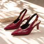 Dame slingback hæle med spids tå, præget krokodillemønster og spænde