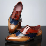 Herre broguesko med wingtip, perforerede detaljer, snørebånd og lav hæl