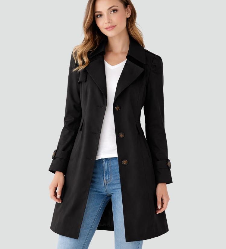 Dame trenchcoat med reverskrave, knapper og lange ærmer