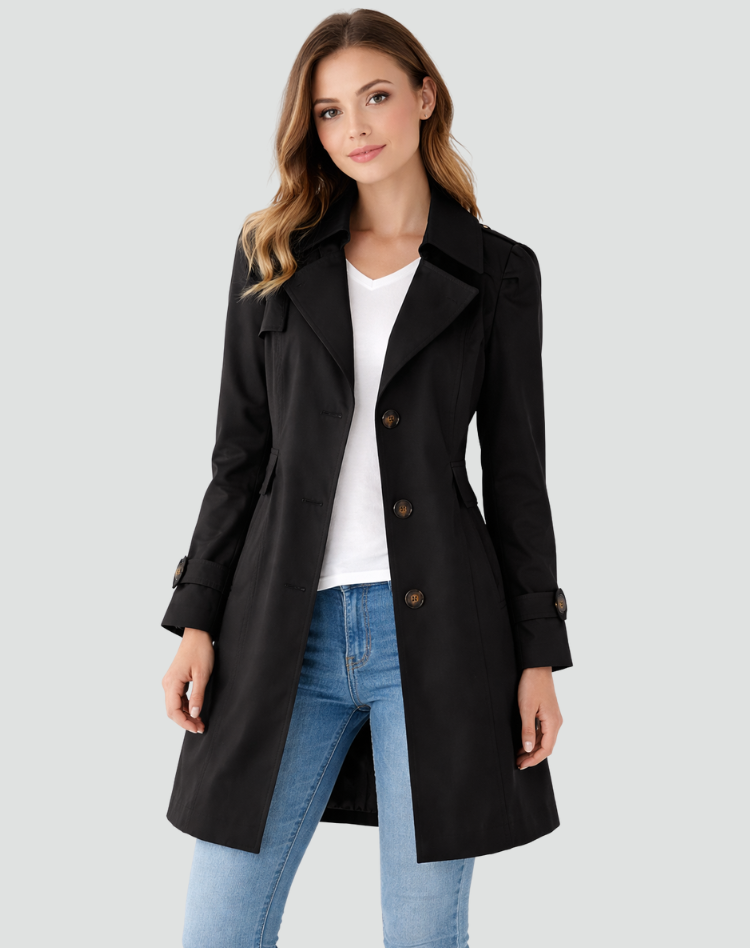 Dame trenchcoat med reverskrave, knapper og lange ærmer
