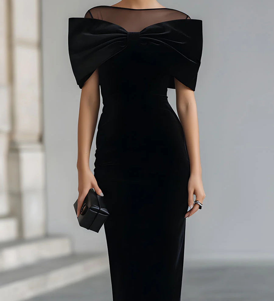 Robe midi noire femme en velours à grand nœud, coupe ajustée