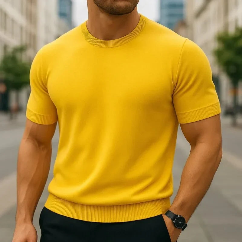 Herre-T-shirt med rund hals, korte ærmer og ribkanter