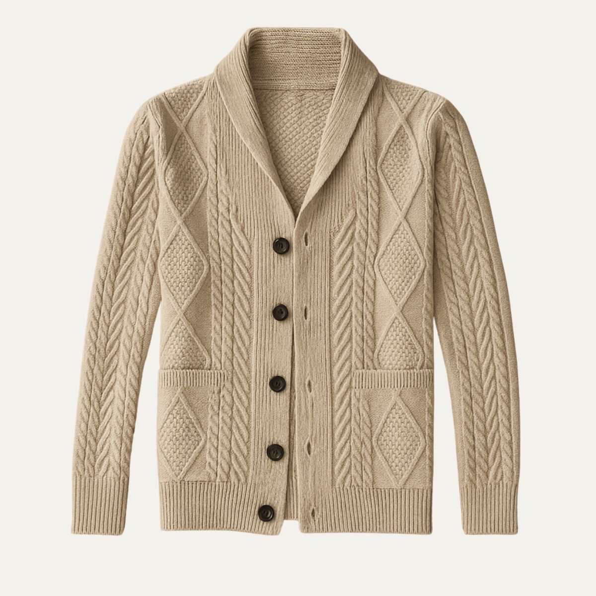 Herre cardigan med sjalskrave, knapper, lommer og strikket struktur