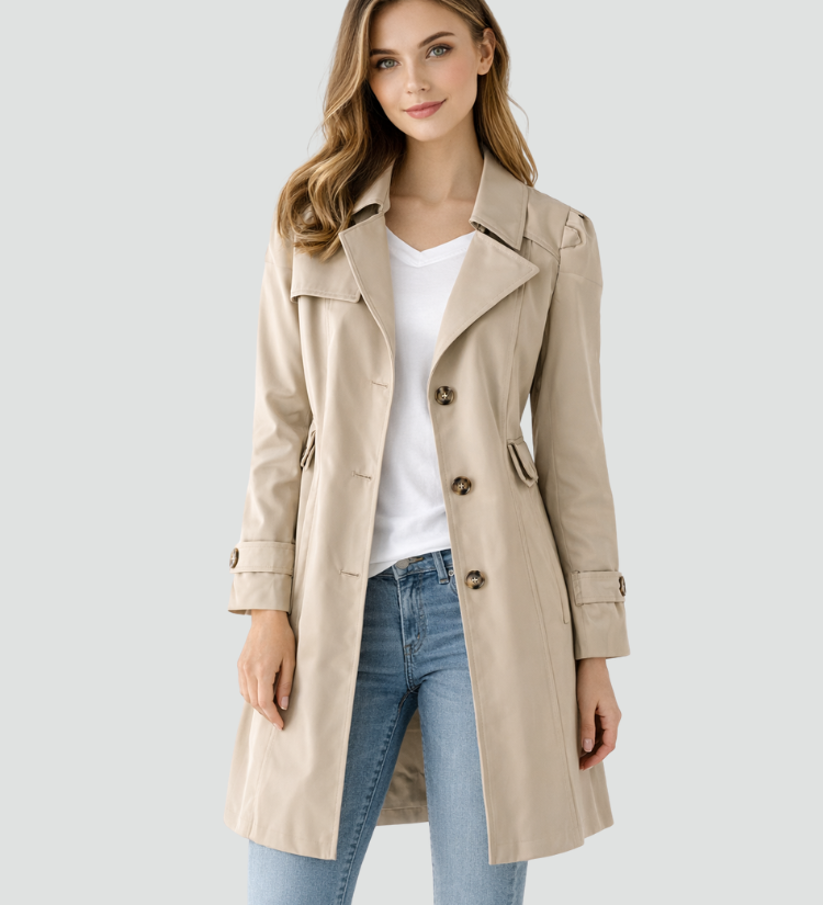 Dame trenchcoat med reverskrave, knapper og lange ærmer