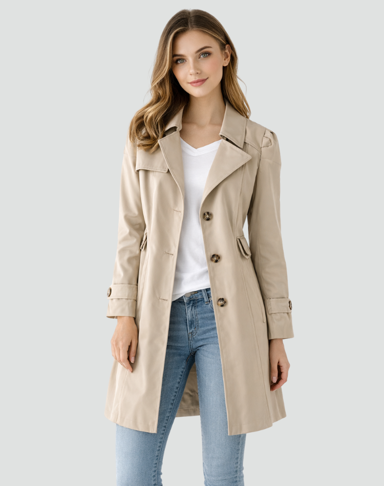 Dame trenchcoat med reverskrave, knapper og lange ærmer