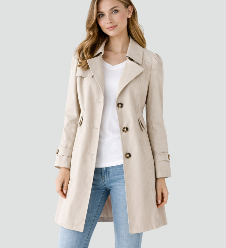 Dame trenchcoat med reverskrave, knapper og lange ærmer