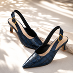 Dame slingback hæle med spids tå, præget krokodillemønster og spænde