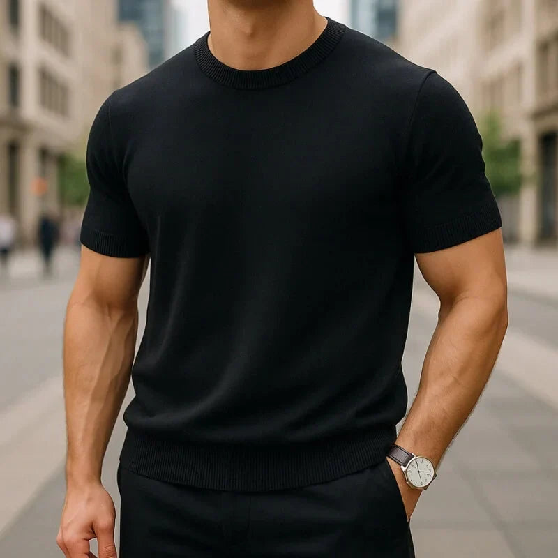 Herre-T-shirt med rund hals, korte ærmer og ribkanter