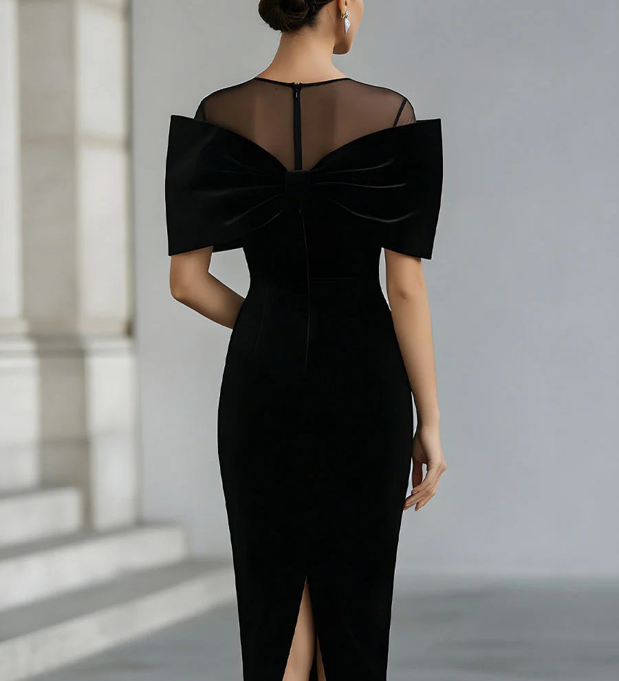 Robe midi noire femme en velours à grand nœud, coupe ajustée